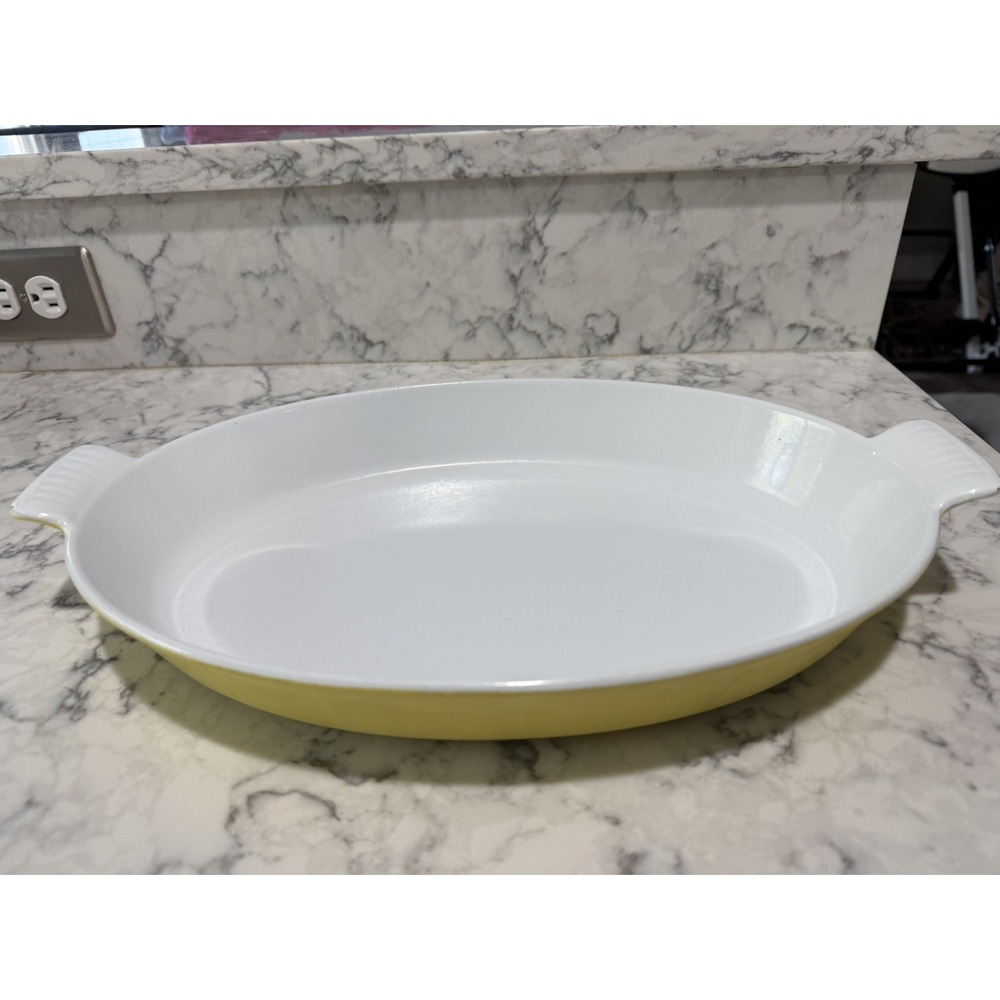 Vintage Descoware Yellow Enameled Cast Iron Au Gratin Roaster Dish 15" Belgium